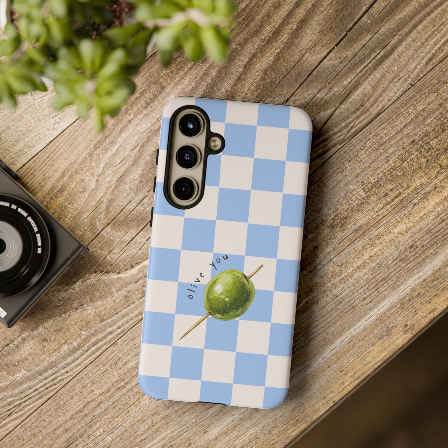 Blue Checkered Phone Case — 'Olive You' Patterned Protective Cover