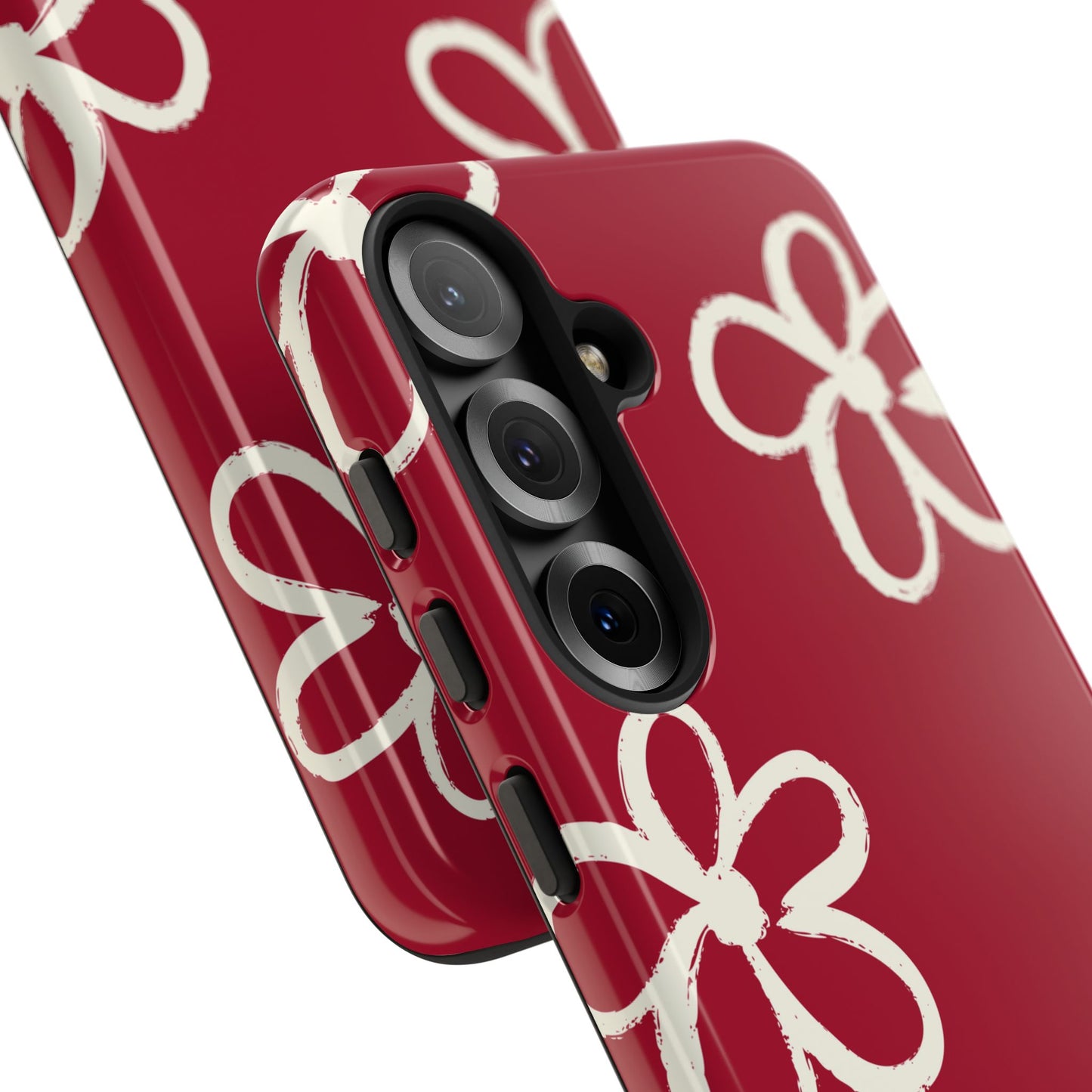 Red Floral Tough Phone Case — Hand-Drawn White Flowers on Burgundy