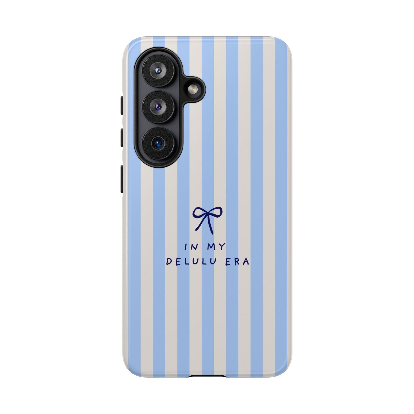 Striped Blue Phone Case — "In My Delulu Era" Cute Bow Design