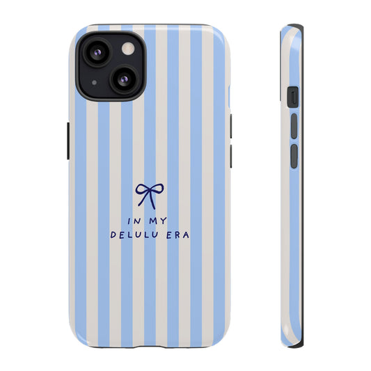 Striped Blue Phone Case — "In My Delulu Era" Cute Bow Design