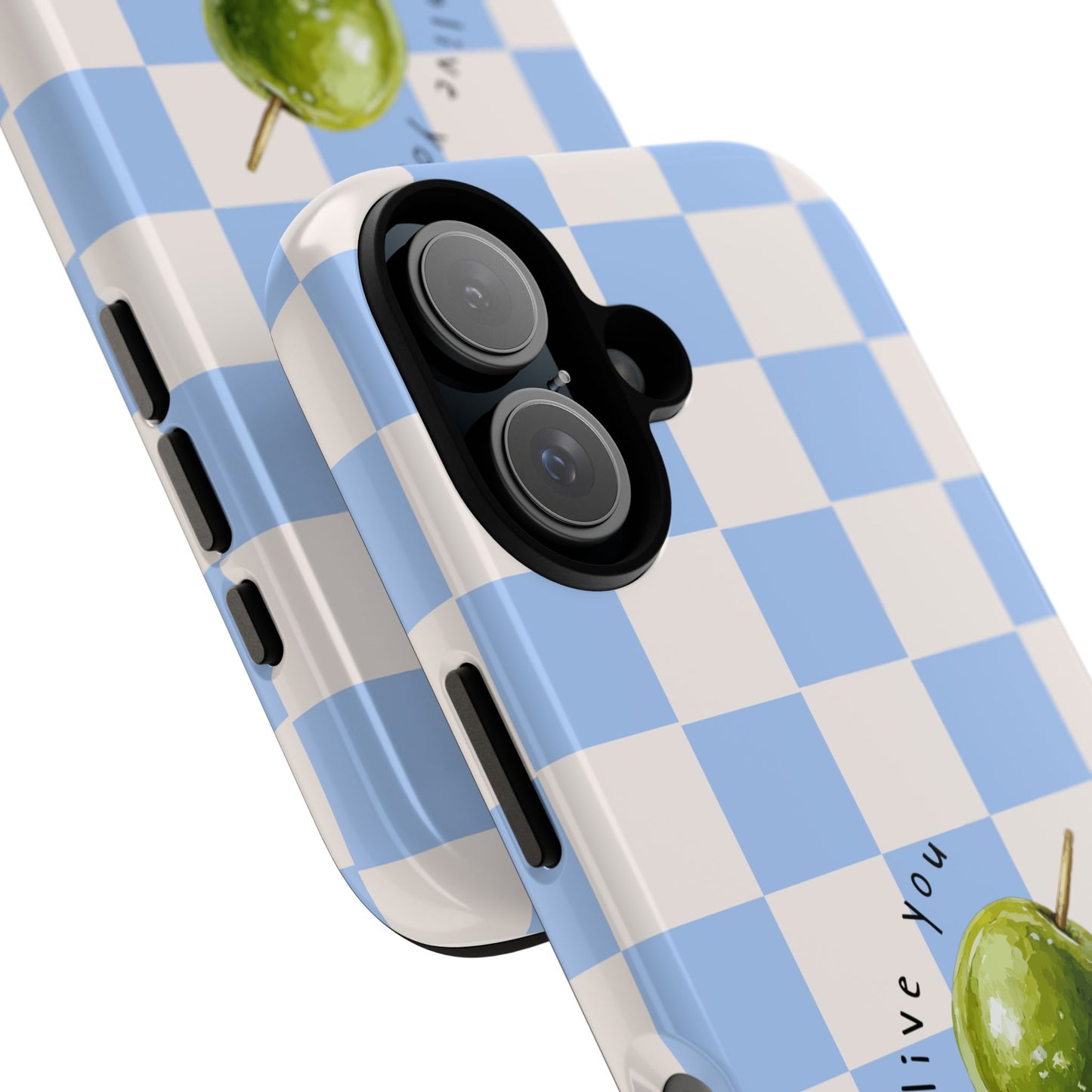 Blue Checkered Phone Case — 'Olive You' Patterned Protective Cover