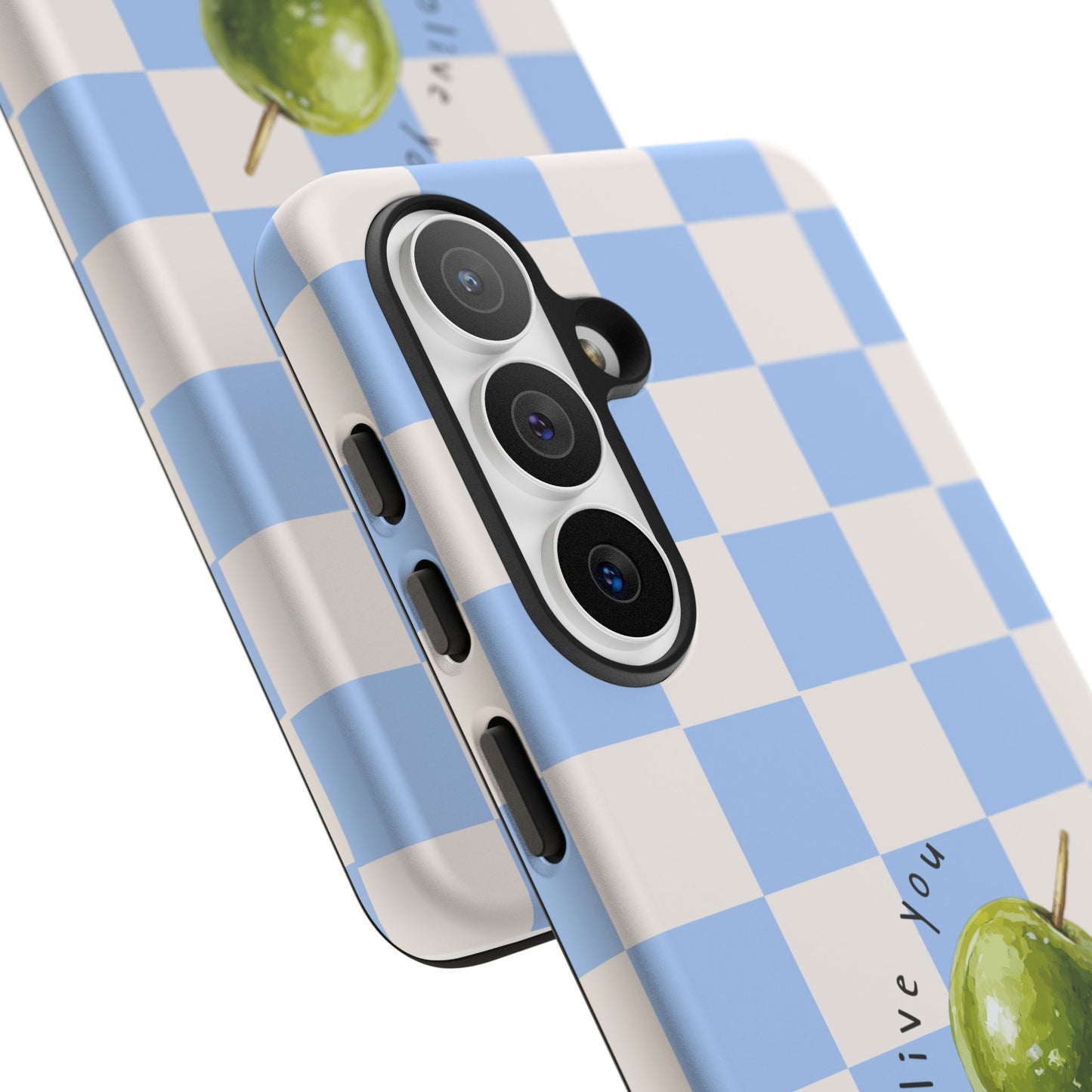 Blue Checkered Phone Case — 'Olive You' Patterned Protective Cover