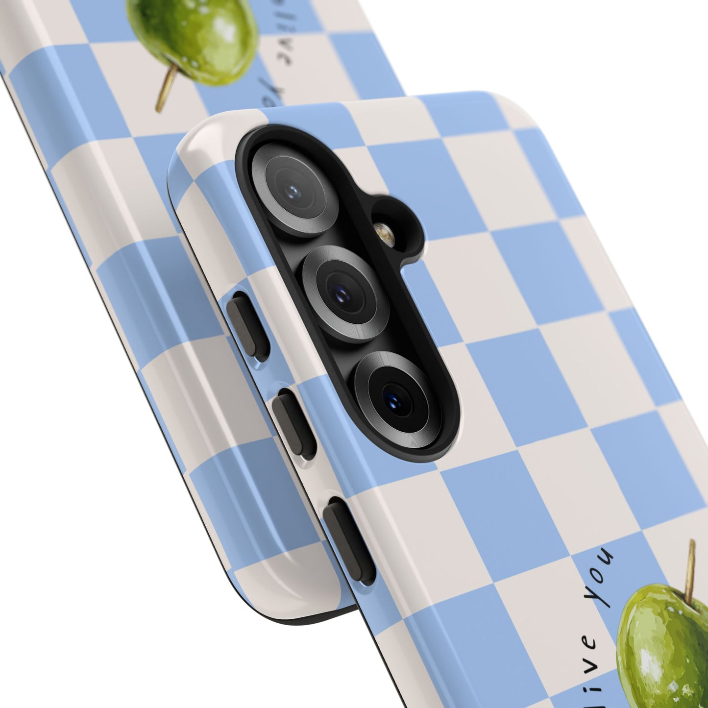 Blue Checkered Phone Case — 'Olive You' Patterned Protective Cover
