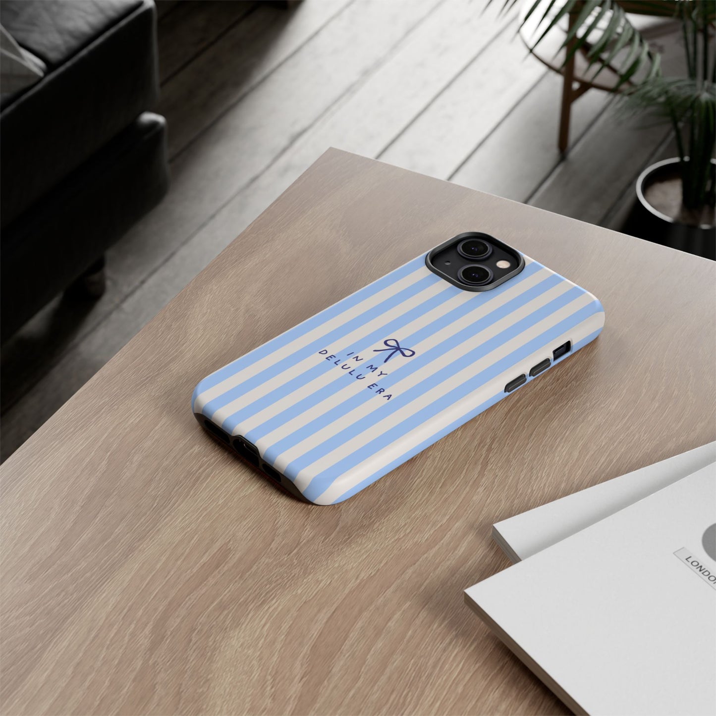 Striped Blue Phone Case — "In My Delulu Era" Cute Bow Design