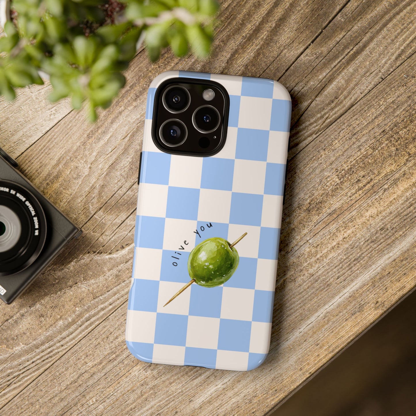 Blue Checkered Phone Case — 'Olive You' Patterned Protective Cover