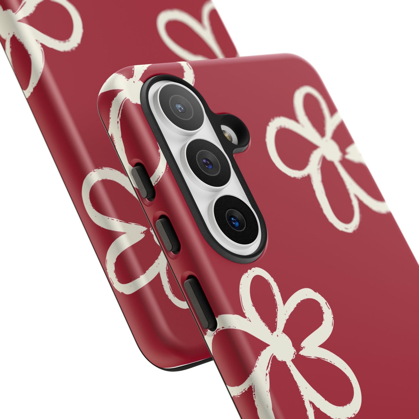 Red Floral Tough Phone Case — Hand-Drawn White Flowers on Burgundy
