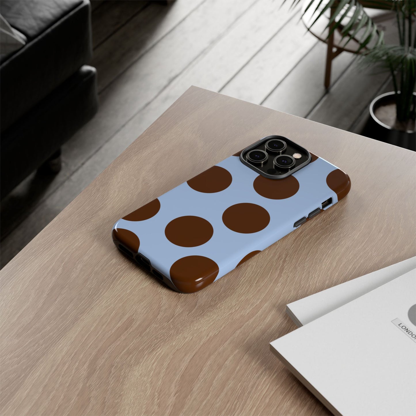 Phone Case - Blue with Brown Polka Dots (Tough Protective Phone Case)