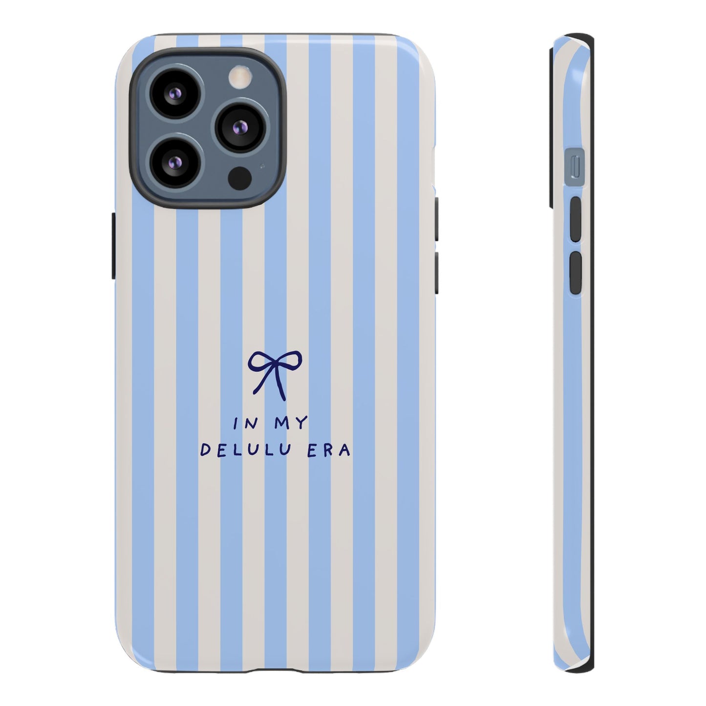 Striped Blue Phone Case — "In My Delulu Era" Cute Bow Design
