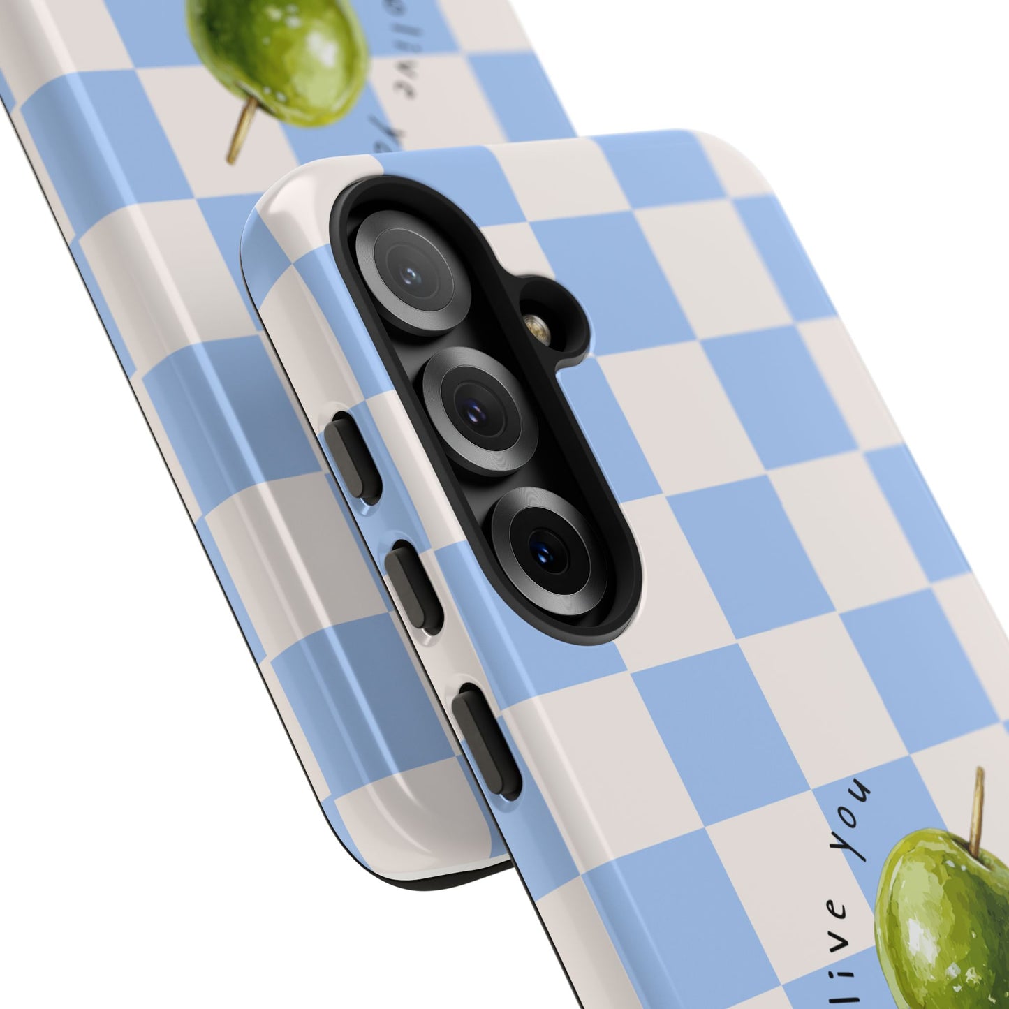 Blue Checkered Phone Case — 'Olive You' Patterned Protective Cover
