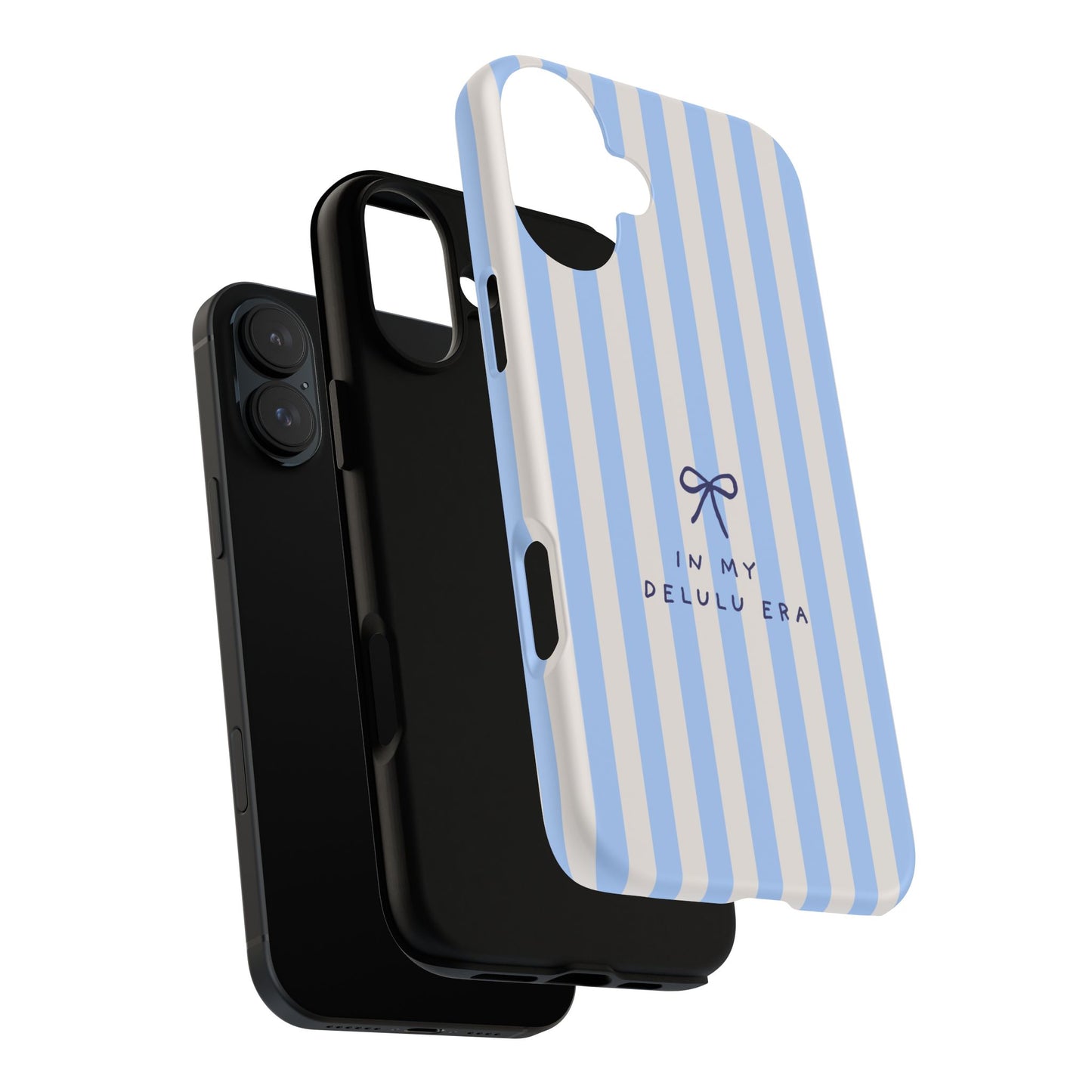 Striped Blue Phone Case — "In My Delulu Era" Cute Bow Design