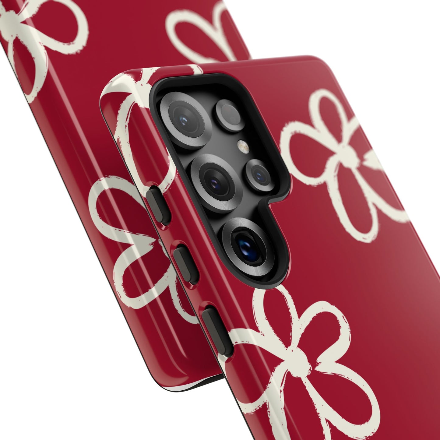 Red Floral Tough Phone Case — Hand-Drawn White Flowers on Burgundy