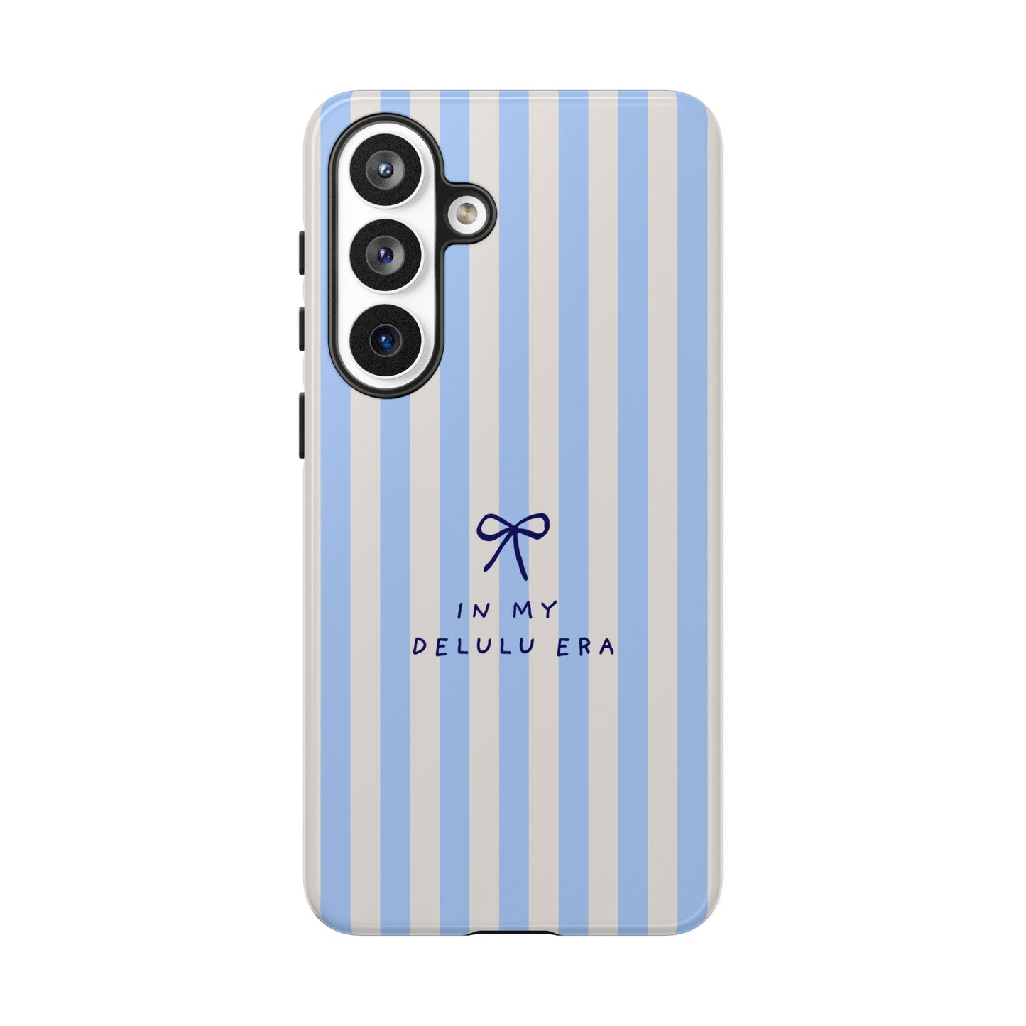 Striped Blue Phone Case — "In My Delulu Era" Cute Bow Design