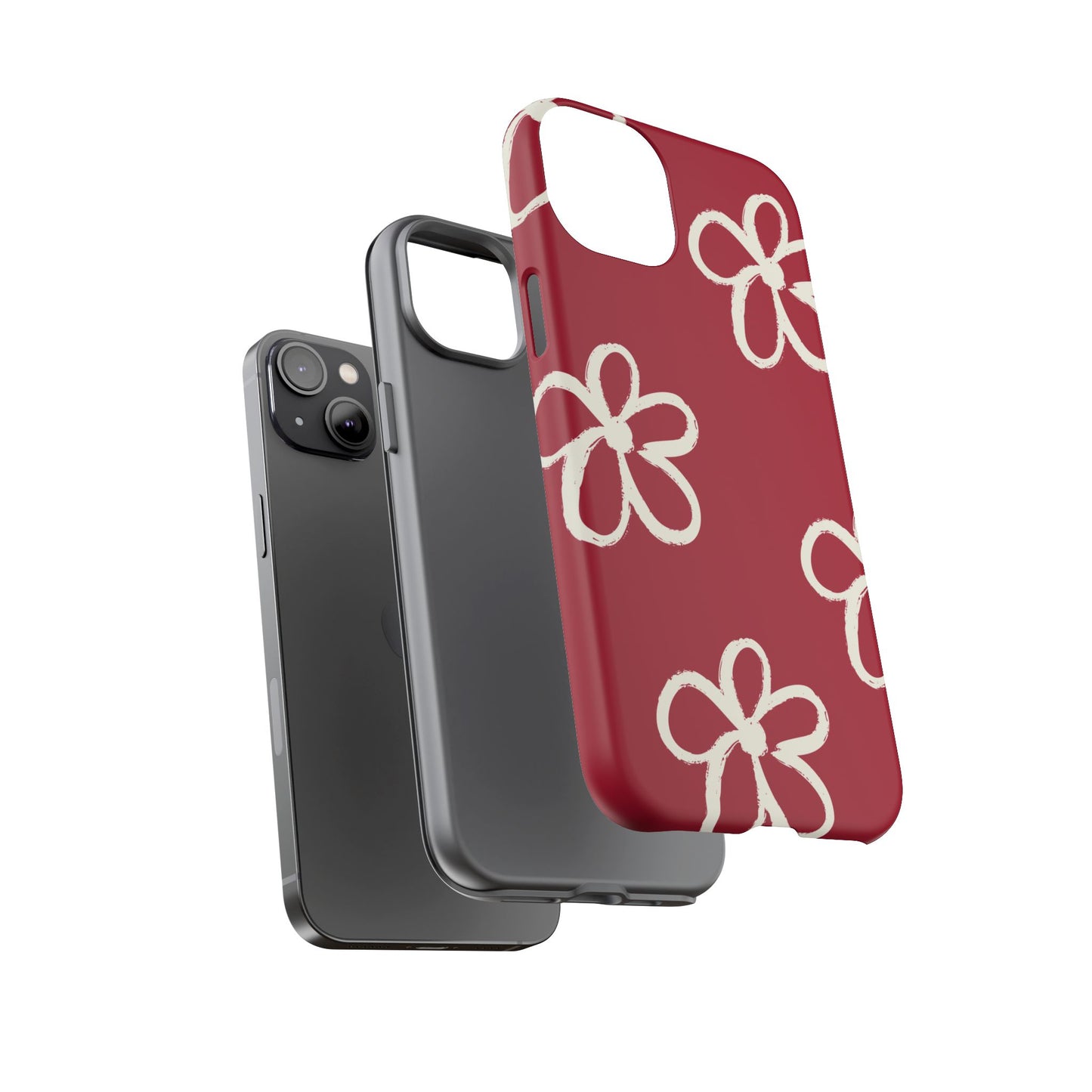 Red Floral Tough Phone Case — Hand-Drawn White Flowers on Burgundy