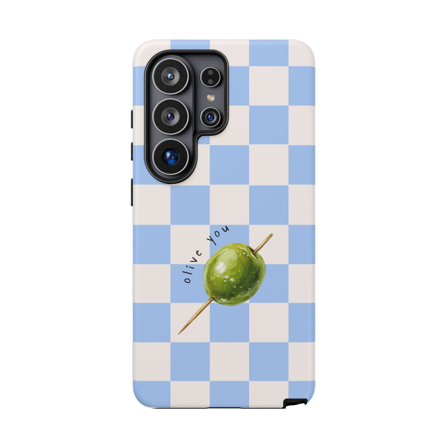 Blue Checkered Phone Case — 'Olive You' Patterned Protective Cover