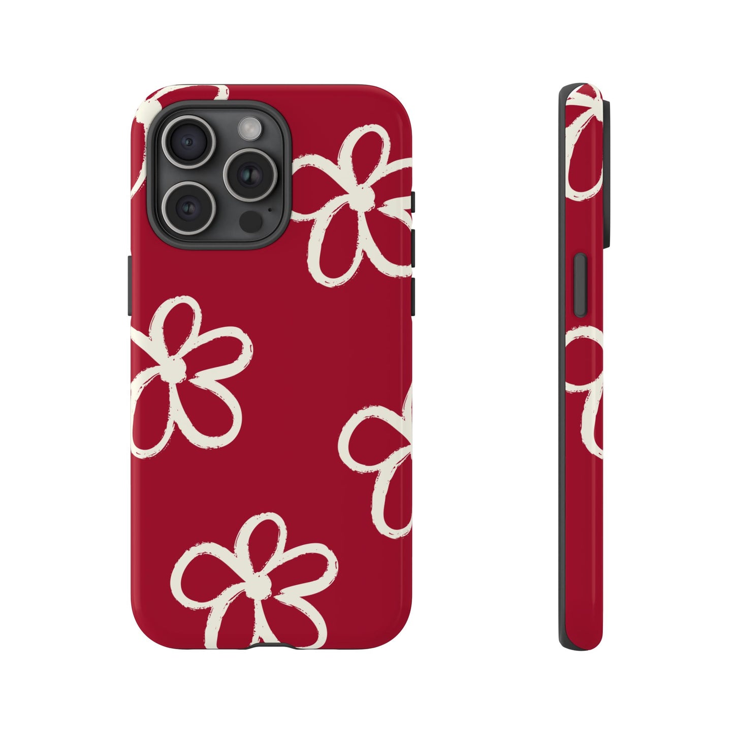 Red Floral Tough Phone Case — Hand-Drawn White Flowers on Burgundy