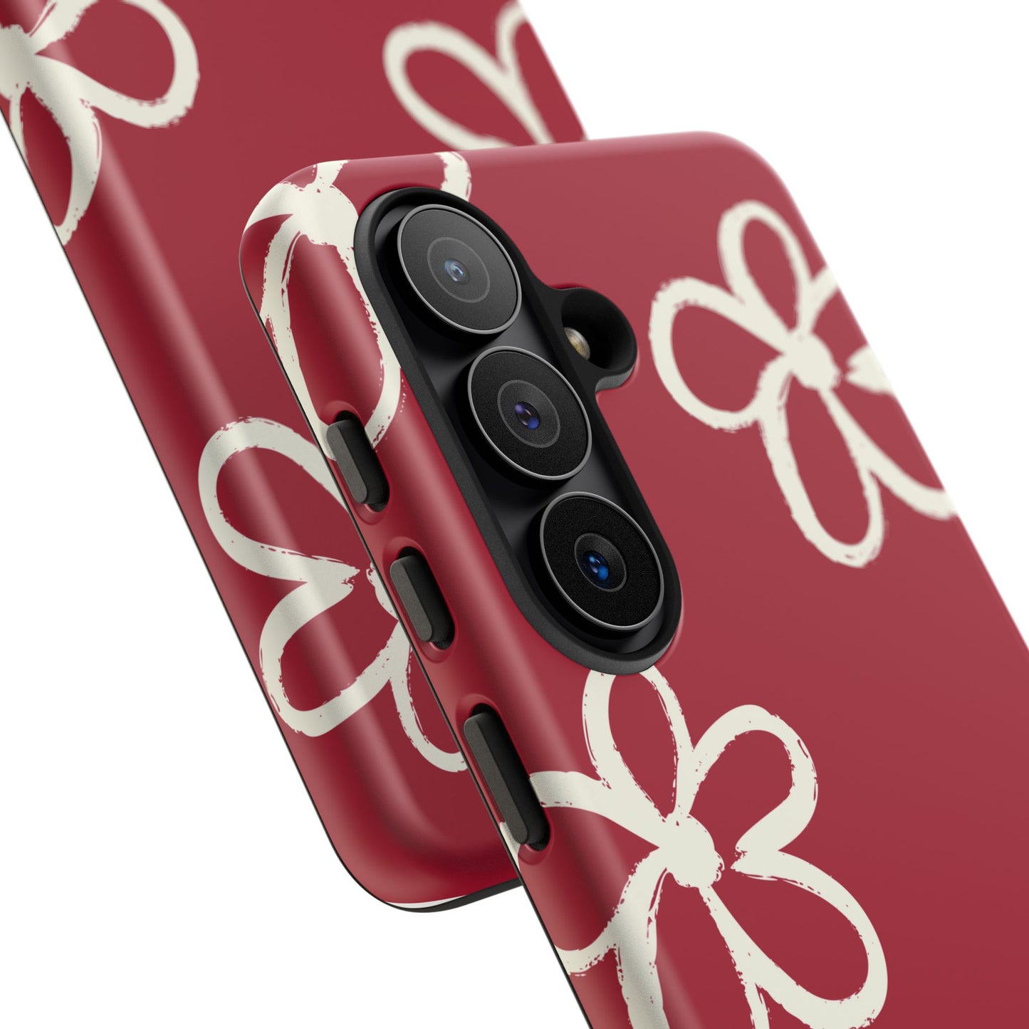 Red Floral Tough Phone Case — Hand-Drawn White Flowers on Burgundy