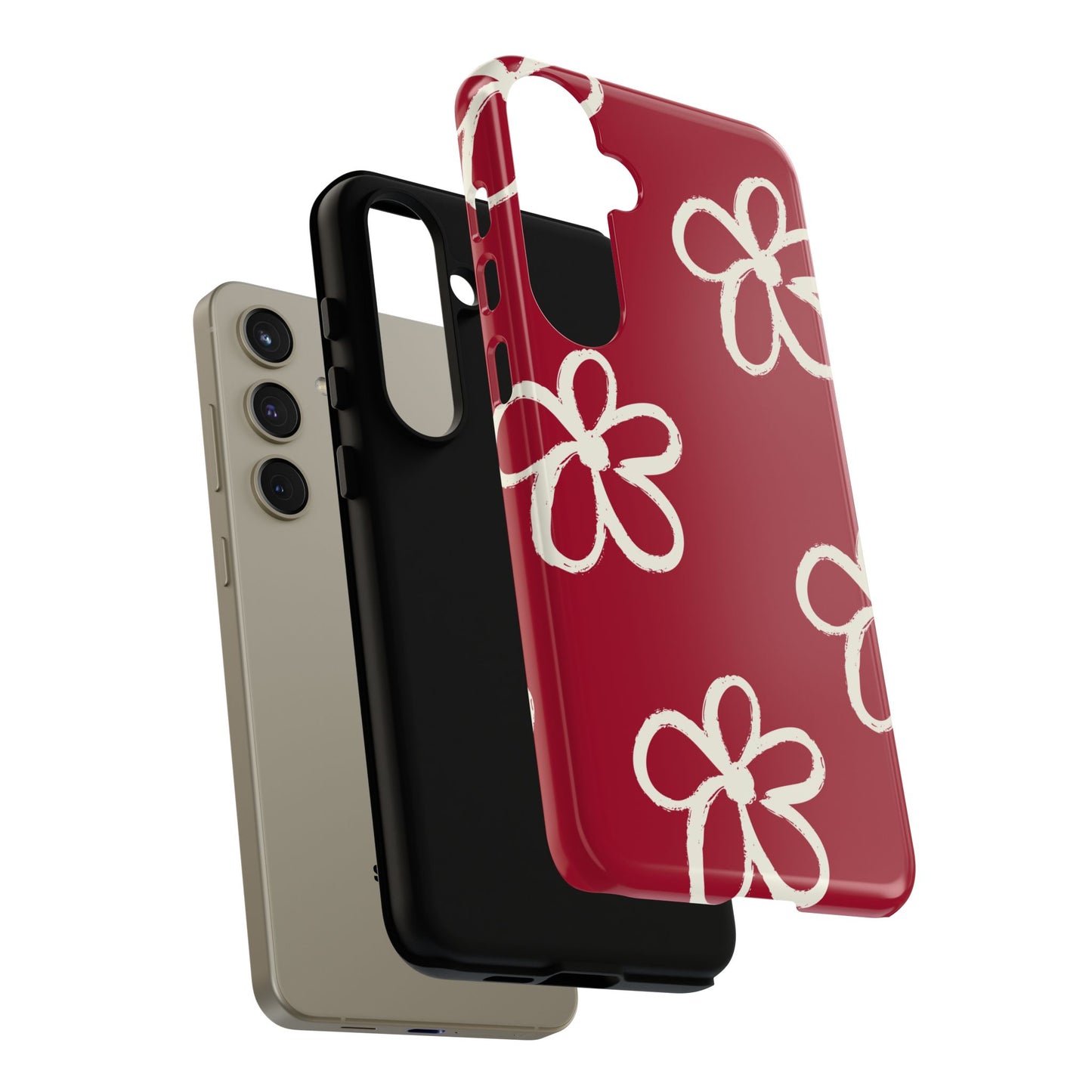 Red Floral Tough Phone Case — Hand-Drawn White Flowers on Burgundy