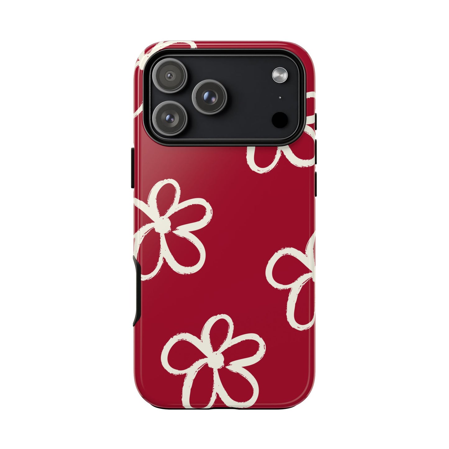 Red Floral Tough Phone Case — Hand-Drawn White Flowers on Burgundy
