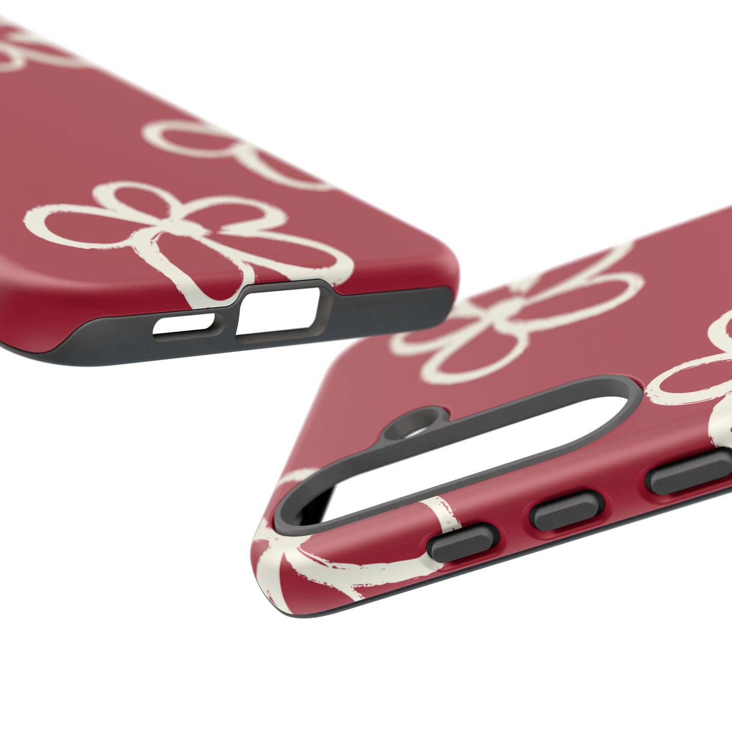 Red Floral Tough Phone Case — Hand-Drawn White Flowers on Burgundy