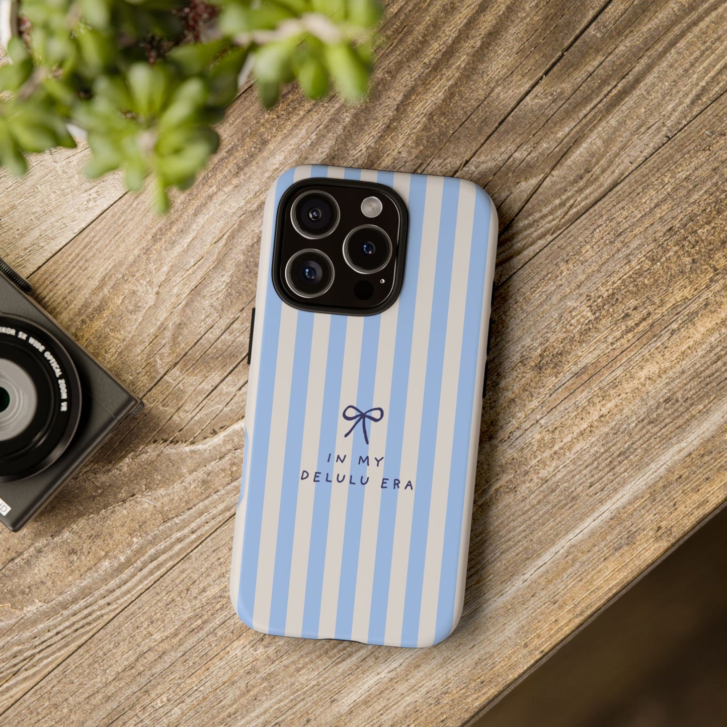 Striped Blue Phone Case — "In My Delulu Era" Cute Bow Design