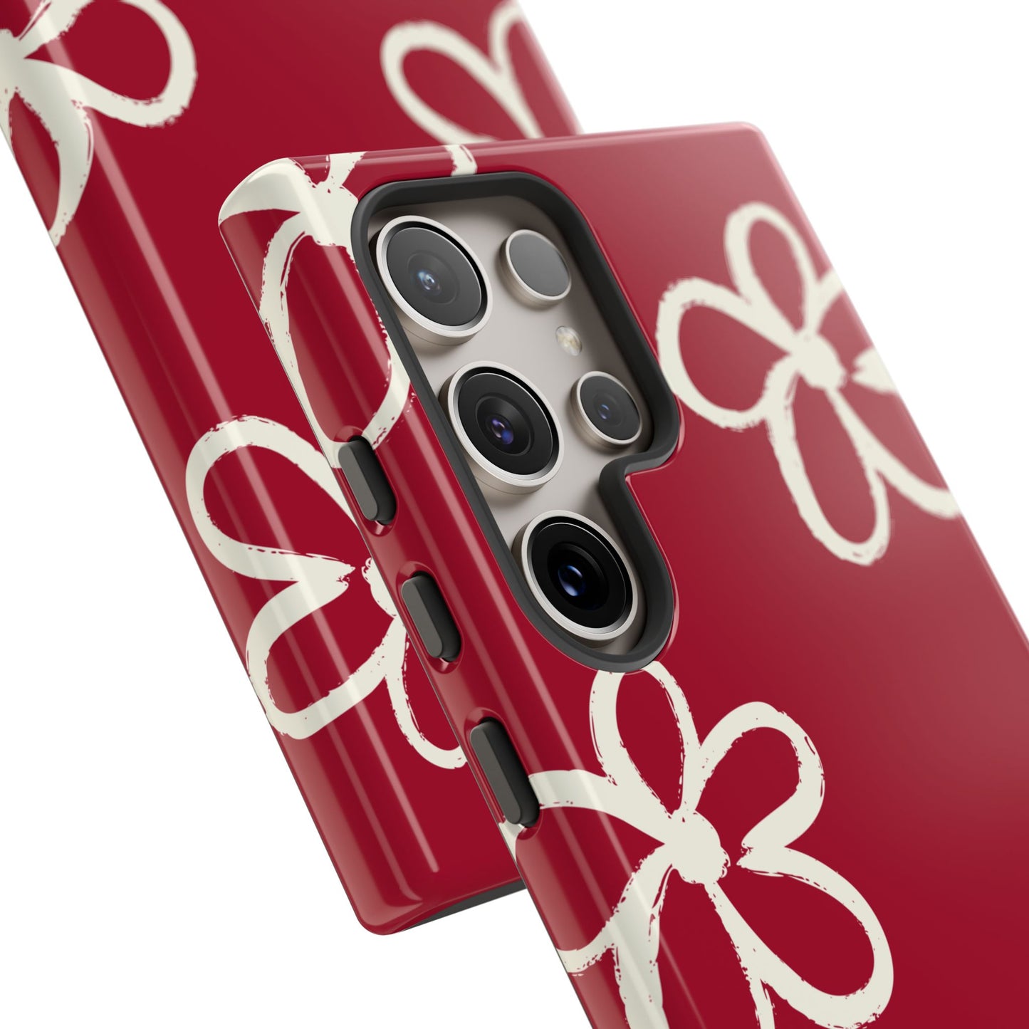 Red Floral Tough Phone Case — Hand-Drawn White Flowers on Burgundy