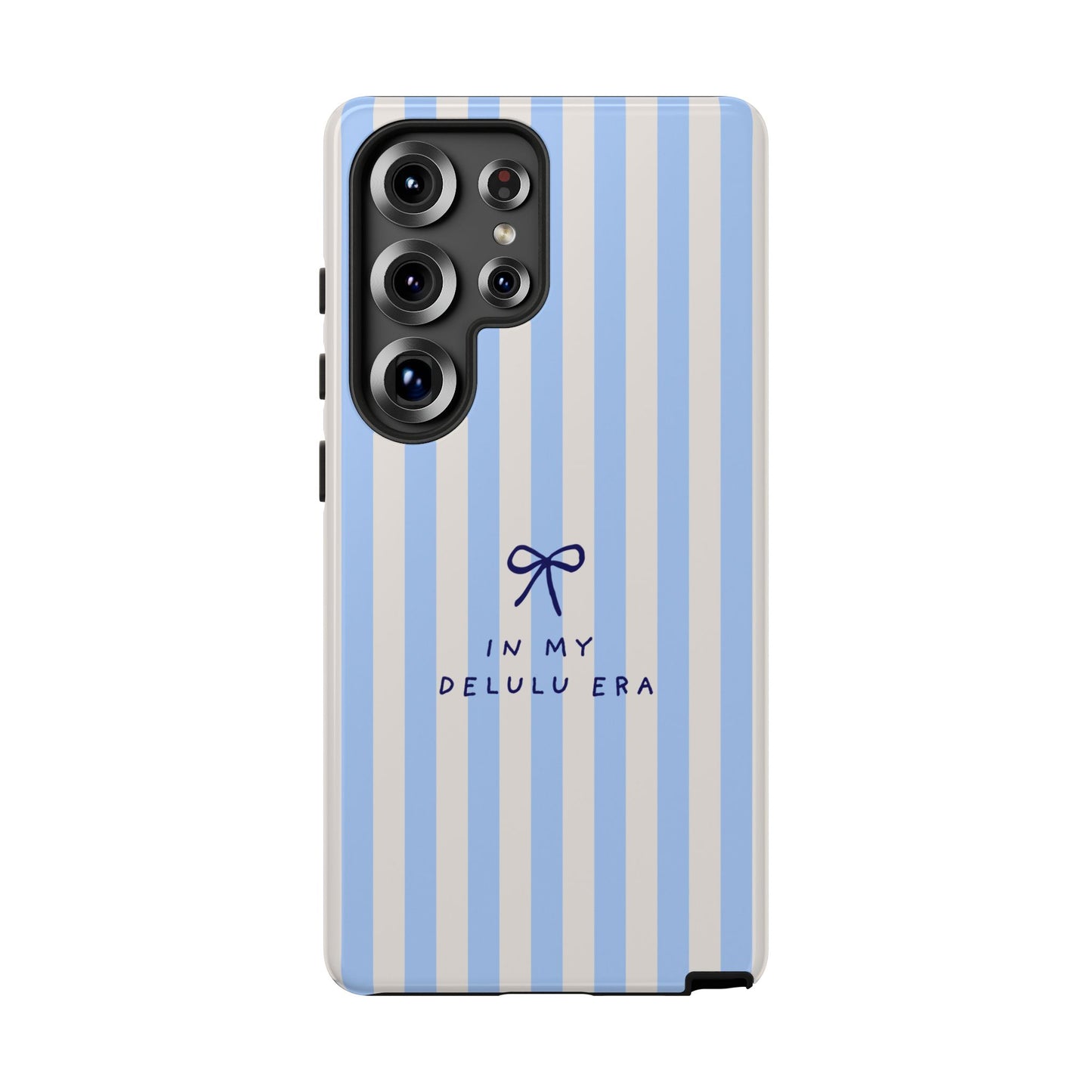 Striped Blue Phone Case — "In My Delulu Era" Cute Bow Design