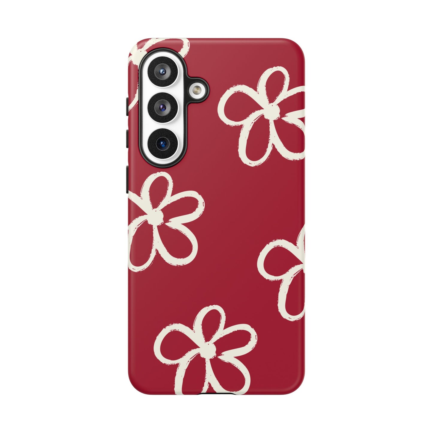Red Floral Tough Phone Case — Hand-Drawn White Flowers on Burgundy