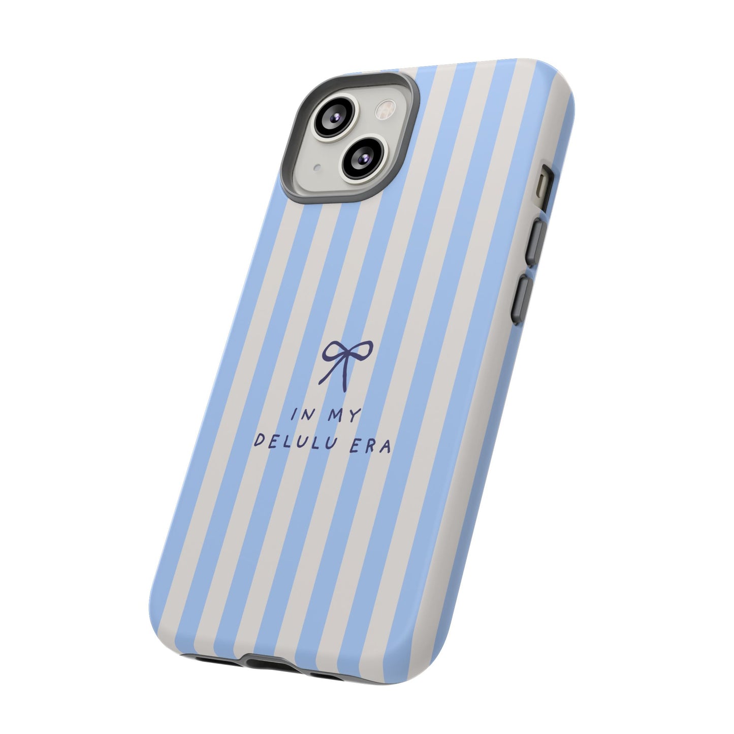 Striped Blue Phone Case — "In My Delulu Era" Cute Bow Design