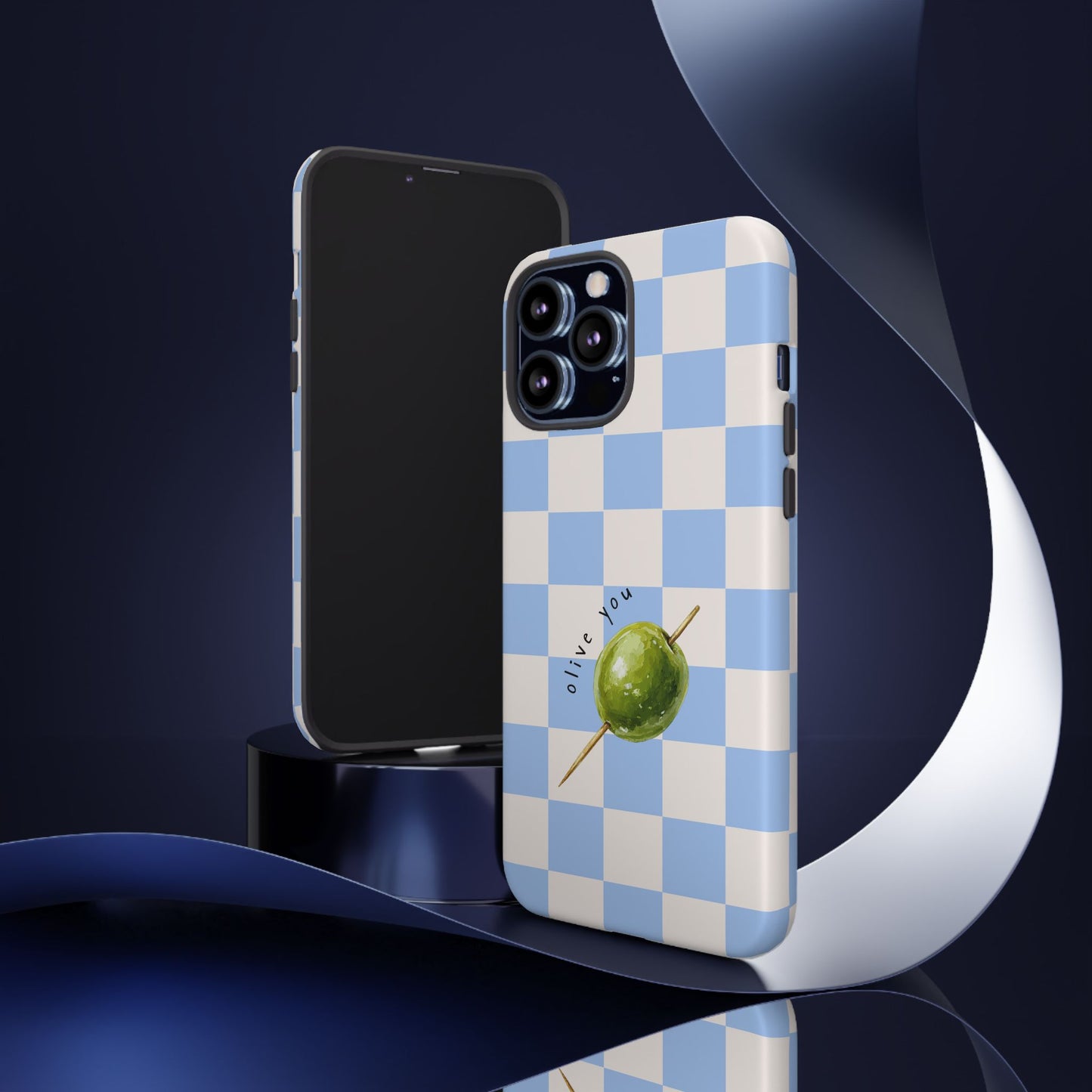 Blue Checkered Phone Case — 'Olive You' Patterned Protective Cover