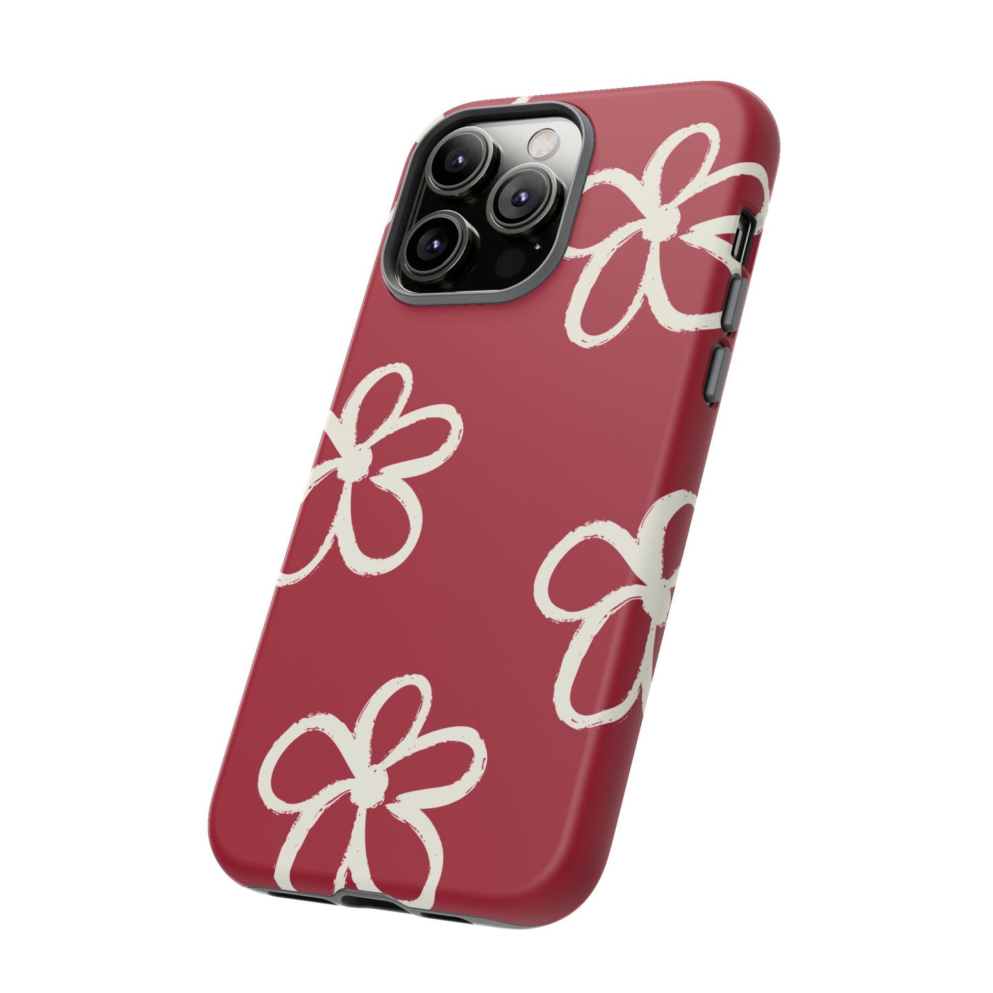 Red Floral Tough Phone Case — Hand-Drawn White Flowers on Burgundy