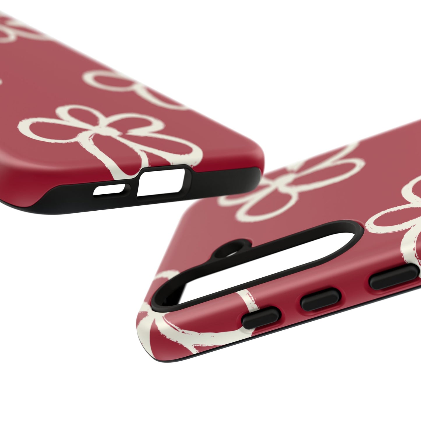 Red Floral Tough Phone Case — Hand-Drawn White Flowers on Burgundy