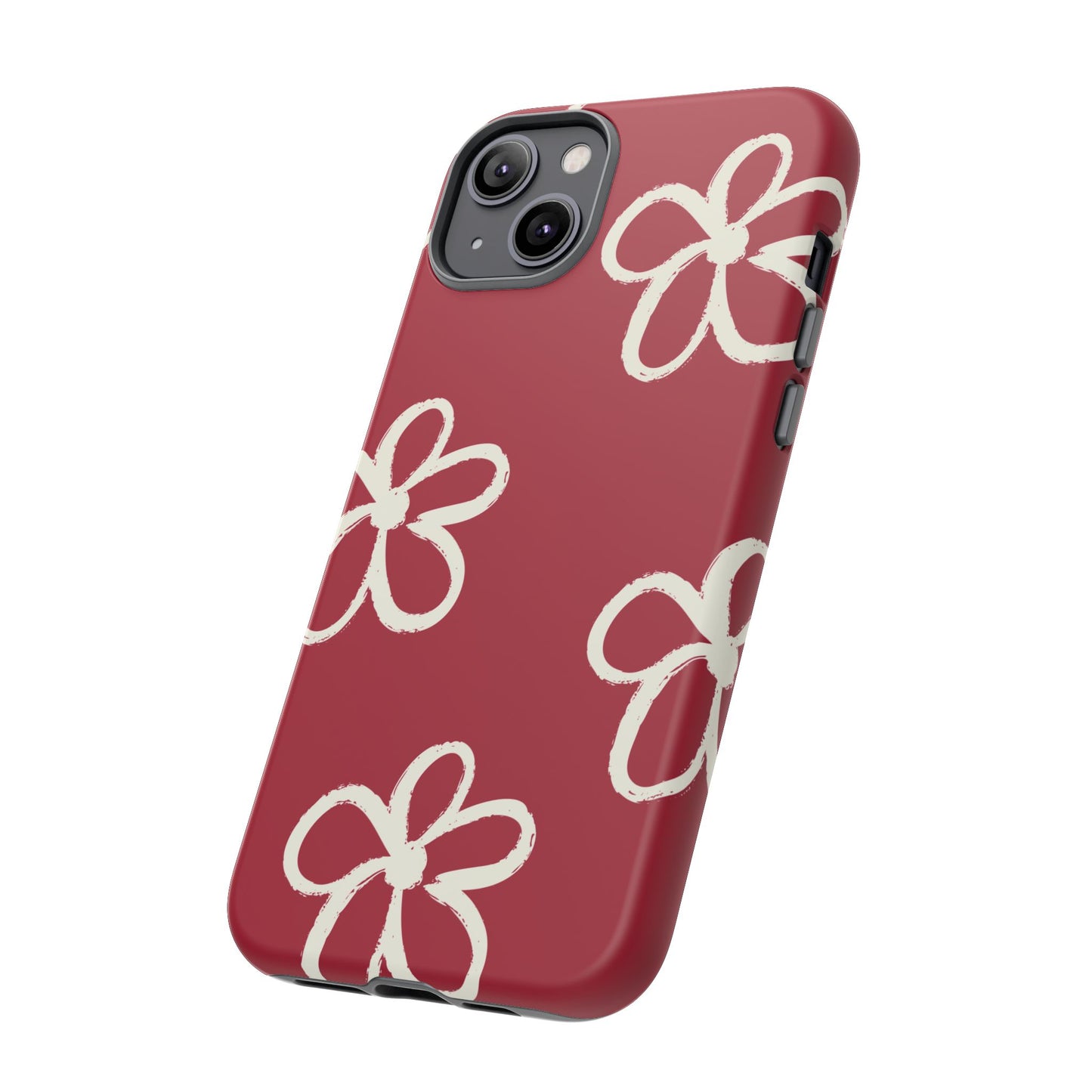 Red Floral Tough Phone Case — Hand-Drawn White Flowers on Burgundy