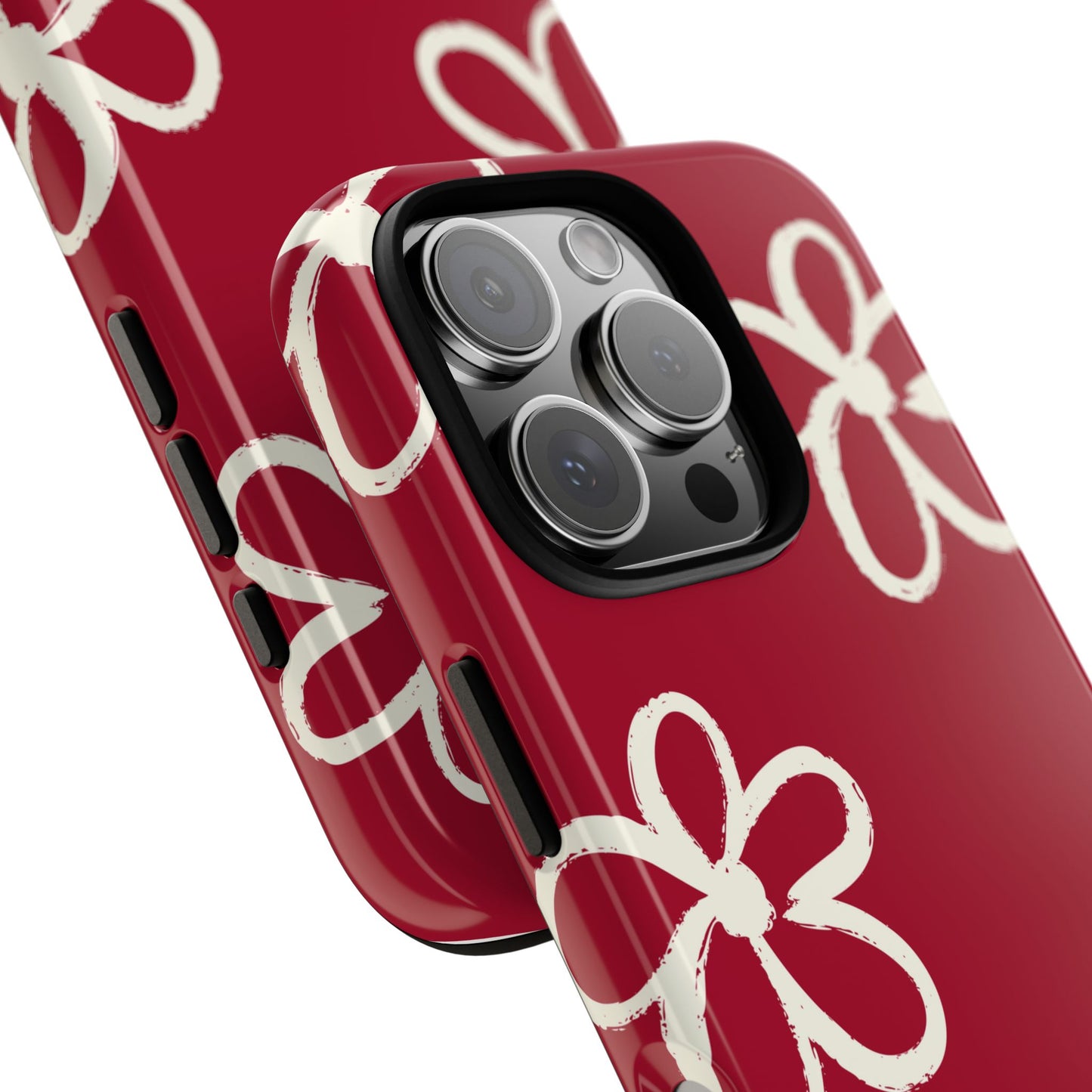 Red Floral Tough Phone Case — Hand-Drawn White Flowers on Burgundy
