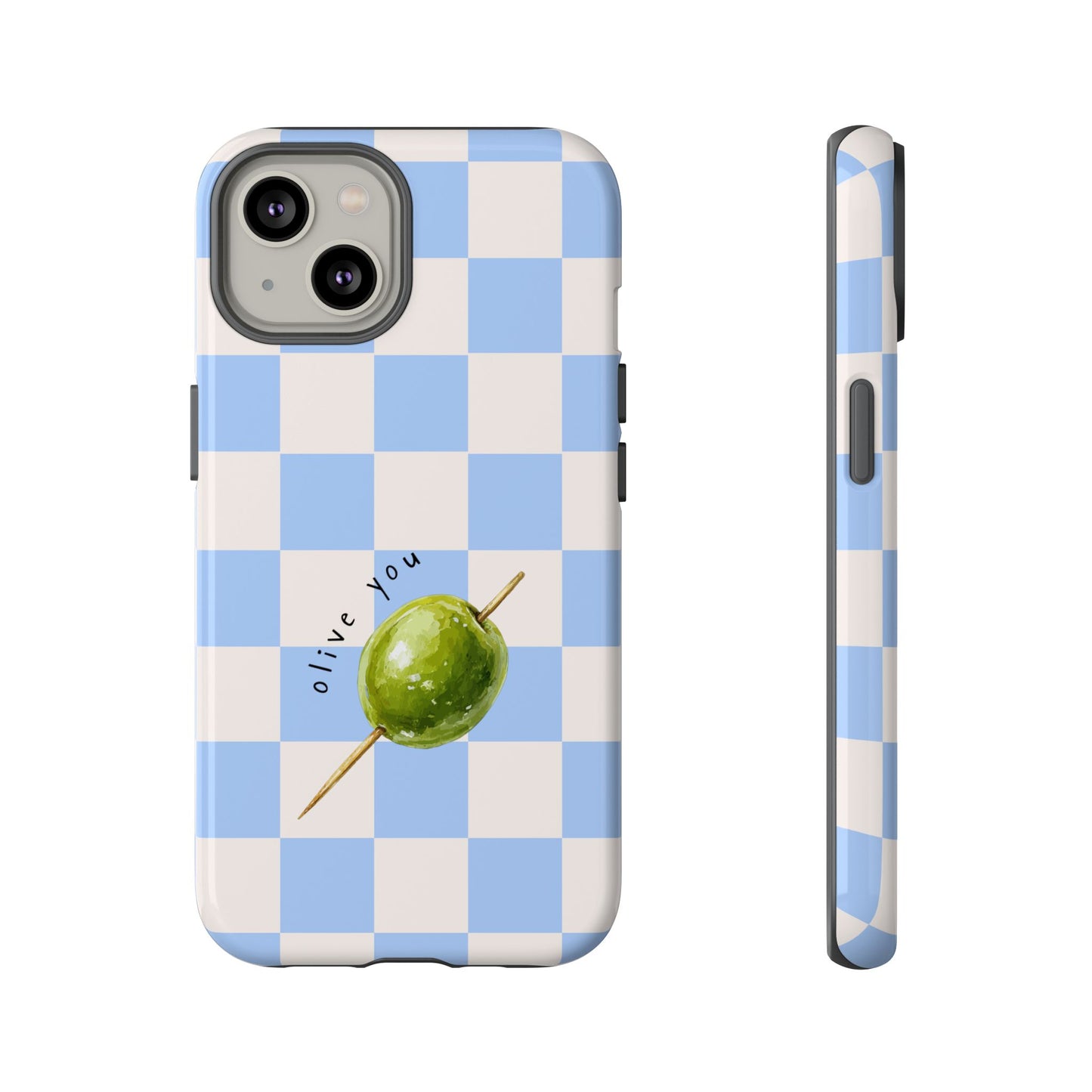 Blue Checkered Phone Case — 'Olive You' Patterned Protective Cover