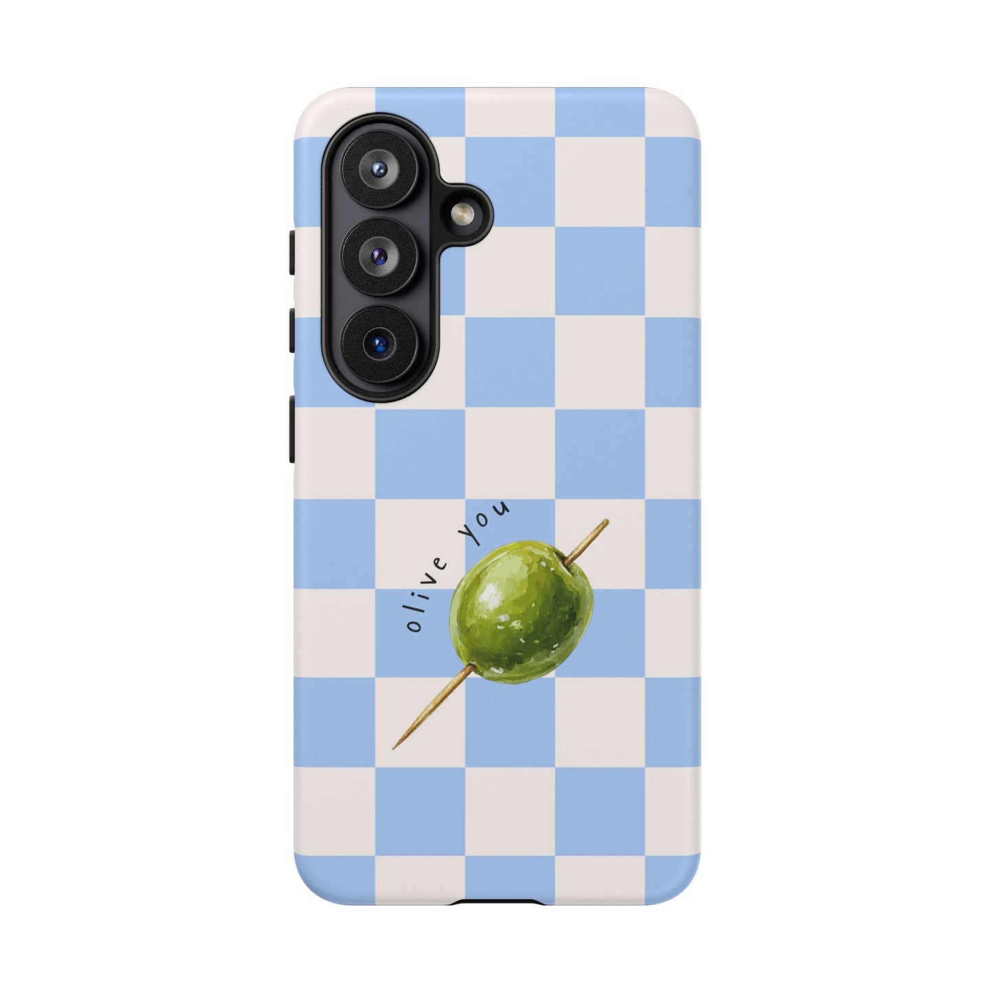 Blue Checkered Phone Case — 'Olive You' Patterned Protective Cover