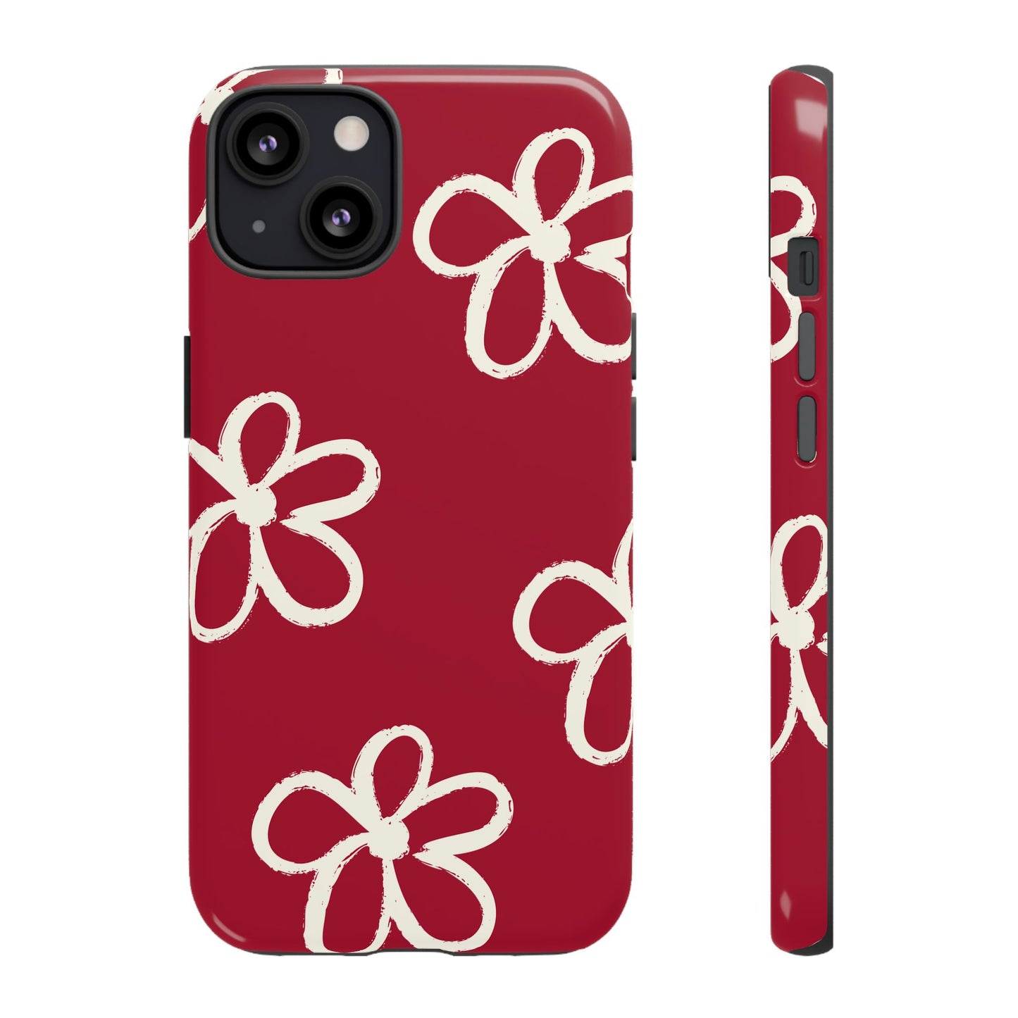 Red Floral Tough Phone Case — Hand-Drawn White Flowers on Burgundy