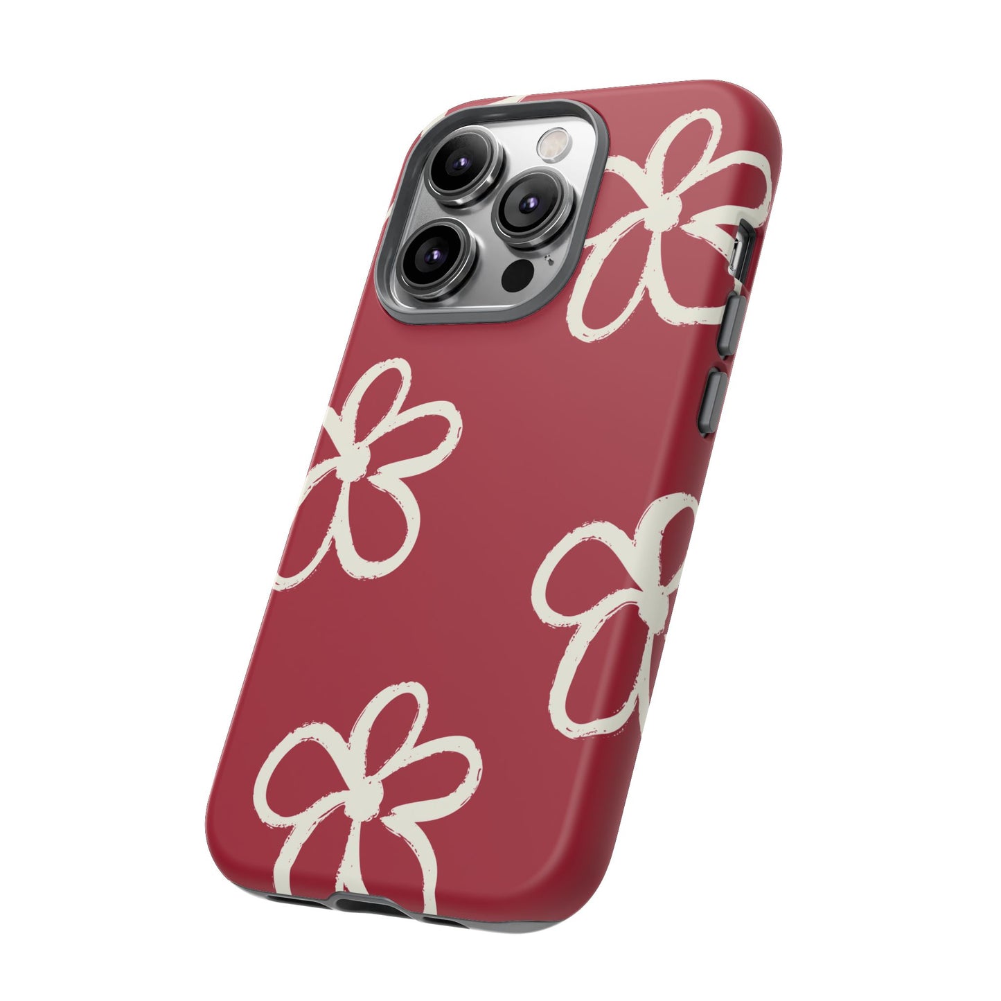 Red Floral Tough Phone Case — Hand-Drawn White Flowers on Burgundy