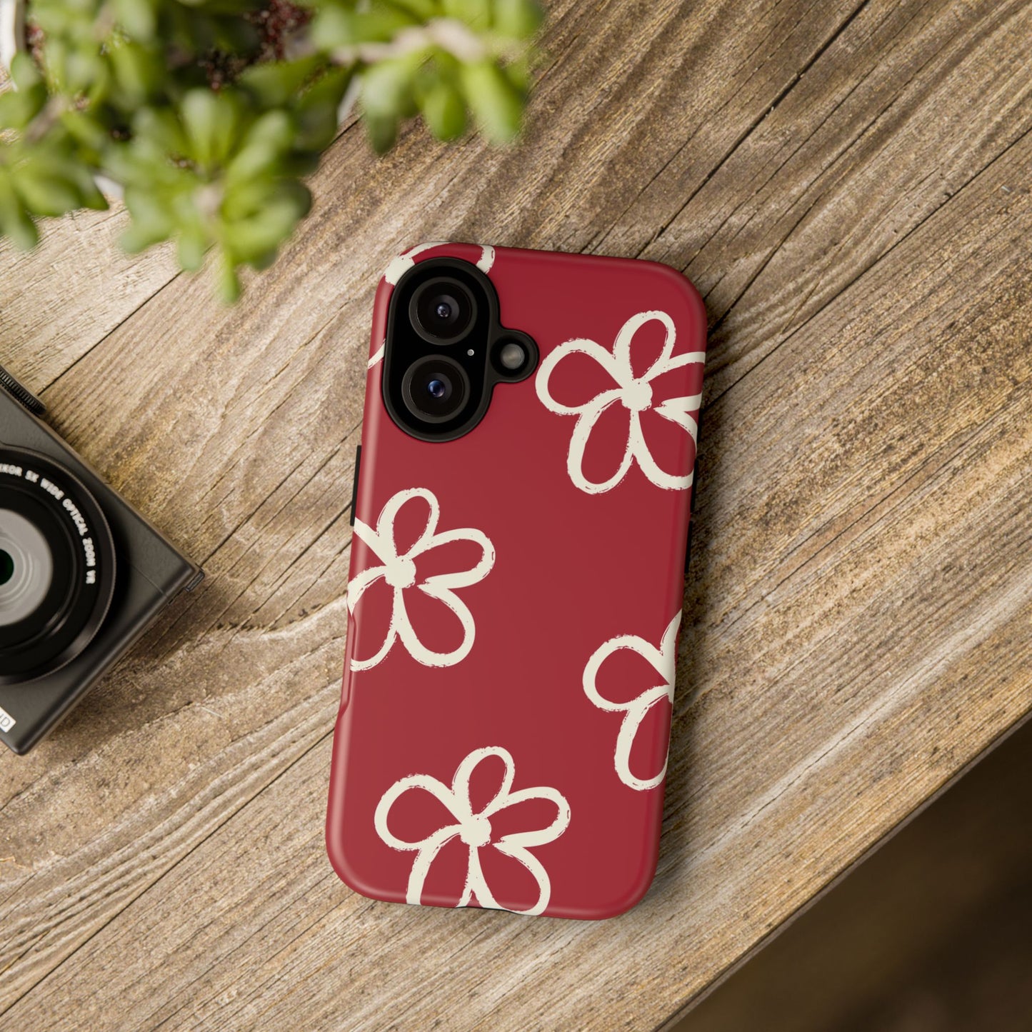 Red Floral Tough Phone Case — Hand-Drawn White Flowers on Burgundy