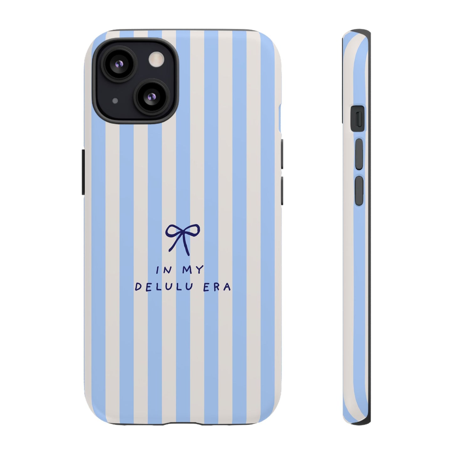 Striped Blue Phone Case — "In My Delulu Era" Cute Bow Design