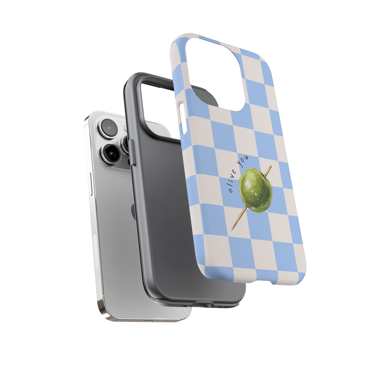 Blue Checkered Phone Case — 'Olive You' Patterned Protective Cover