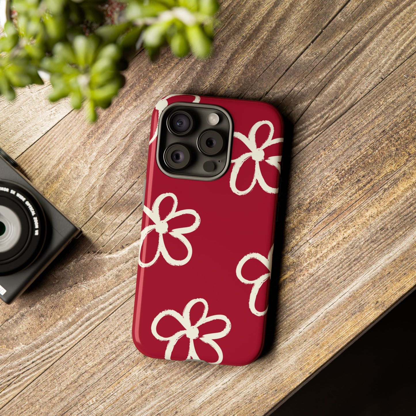 Red Floral Tough Phone Case — Hand-Drawn White Flowers on Burgundy