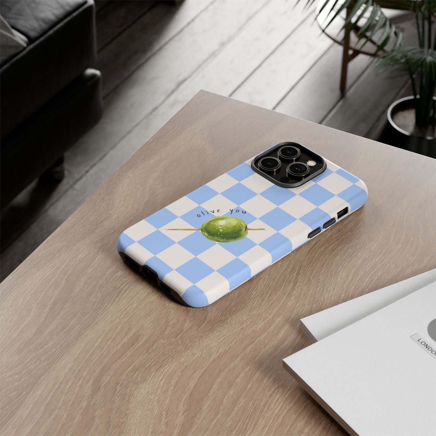 Blue Checkered Phone Case — 'Olive You' Patterned Protective Cover