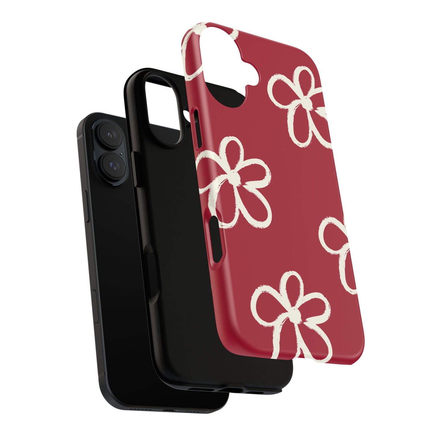 Red Floral Tough Phone Case — Hand-Drawn White Flowers on Burgundy