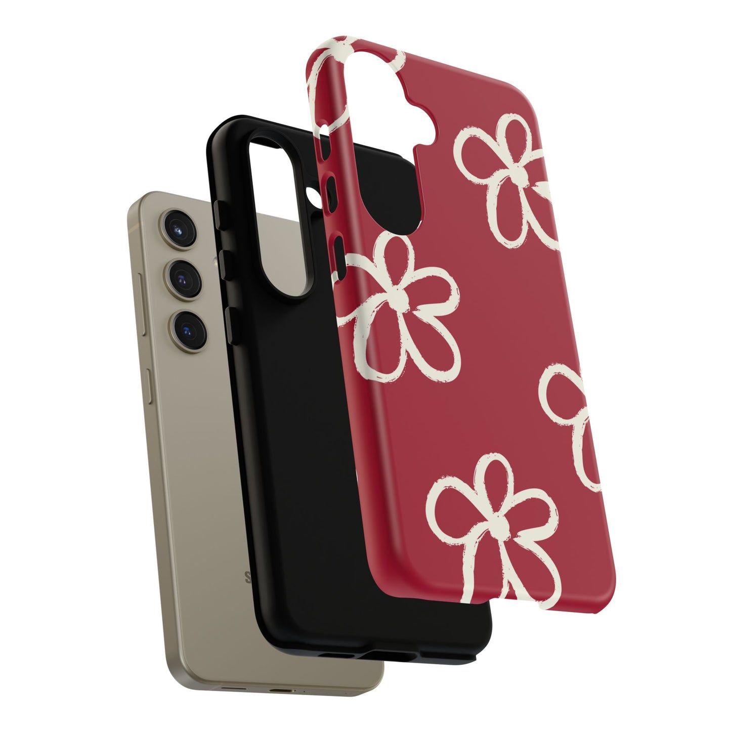 Red Floral Tough Phone Case — Hand-Drawn White Flowers on Burgundy