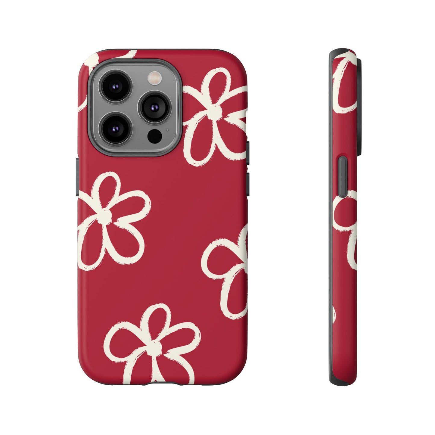 Red Floral Tough Phone Case — Hand-Drawn White Flowers on Burgundy