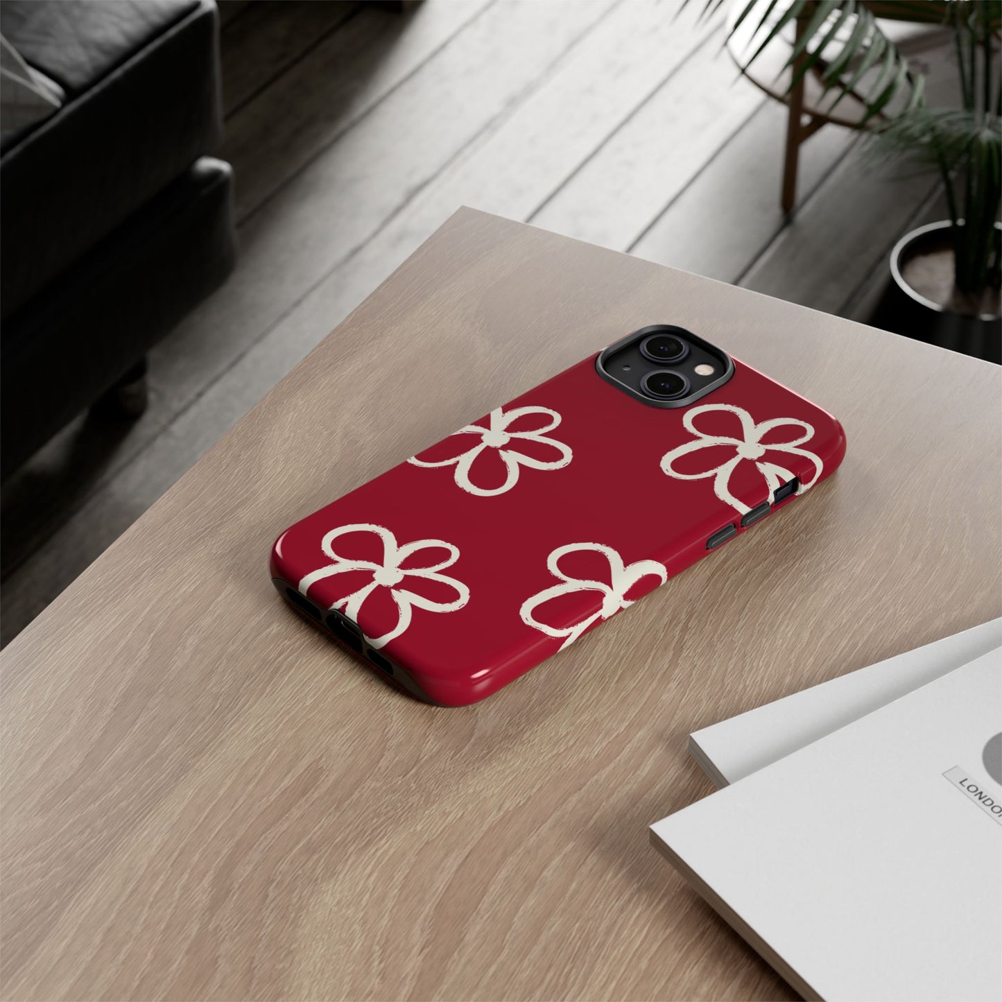 Red Floral Tough Phone Case — Hand-Drawn White Flowers on Burgundy