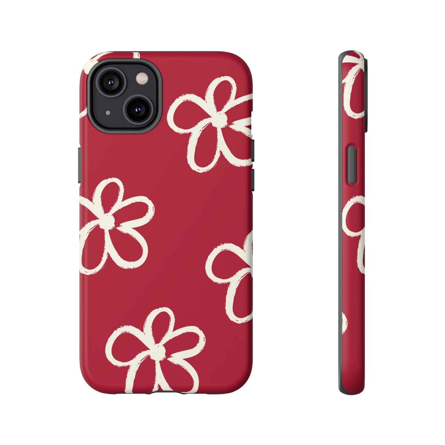 Red Floral Tough Phone Case — Hand-Drawn White Flowers on Burgundy
