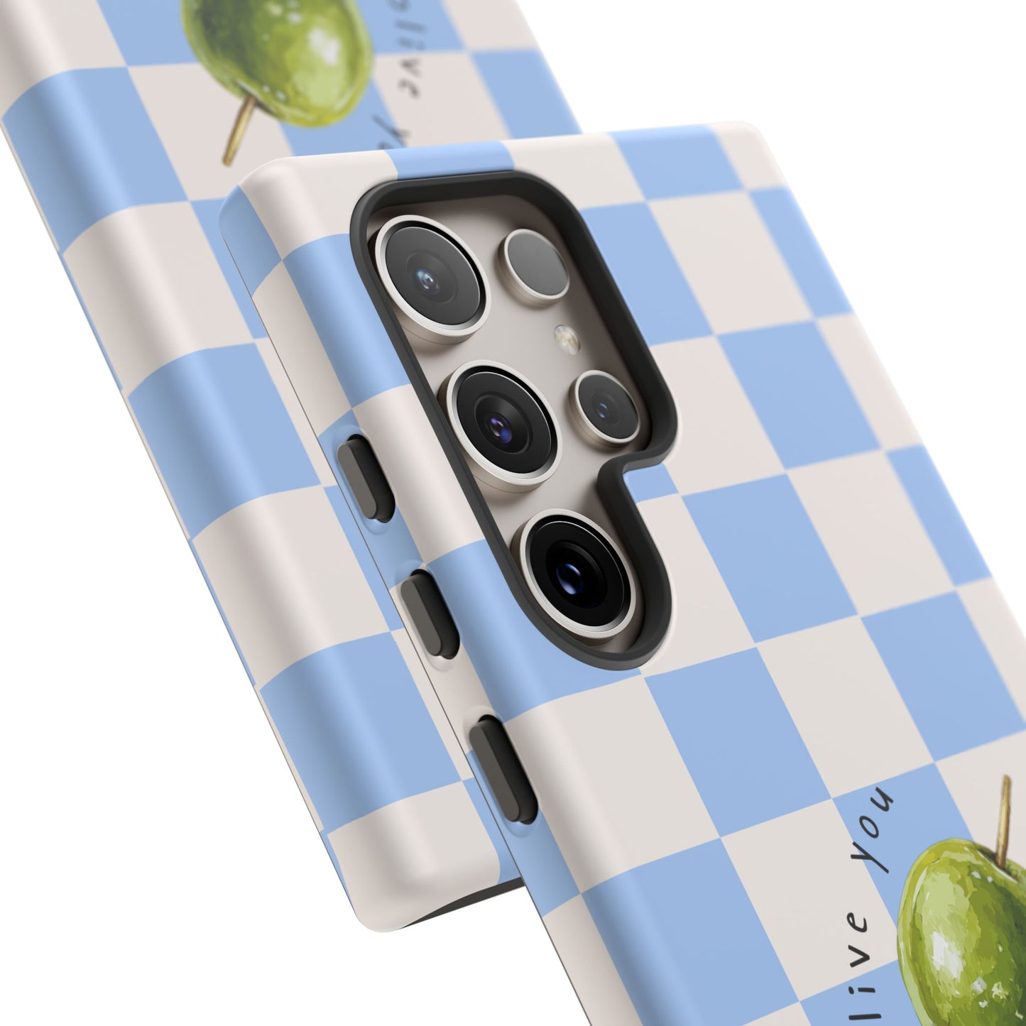 Blue Checkered Phone Case — 'Olive You' Patterned Protective Cover