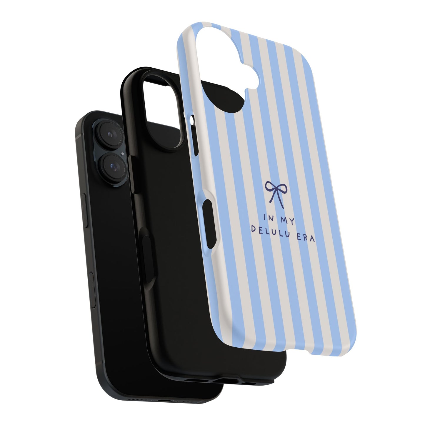 Striped Blue Phone Case — "In My Delulu Era" Cute Bow Design
