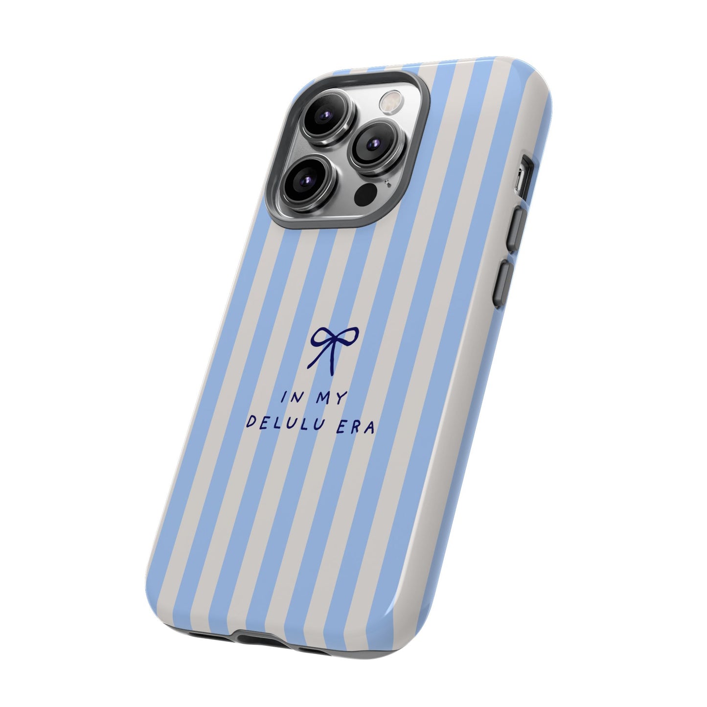 Striped Blue Phone Case — "In My Delulu Era" Cute Bow Design
